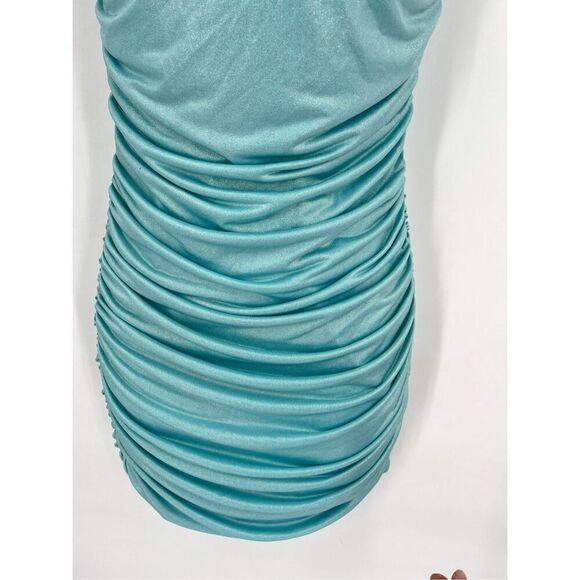 Vintage 90s Lucy in the Sky Sleeveless Ruched Bodycon Dress Light Blue Medium - Picture 5 of 9
